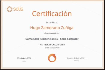 Certificado oficial de instalador Solis - HUSAN