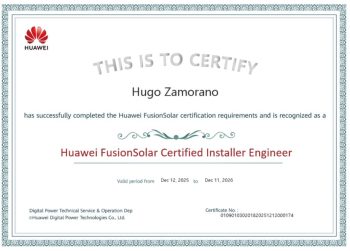 Certificado oficial de instalador Huawei FusionSolar - HUSAN